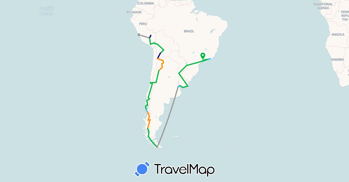 TravelMap itinerary: driving, bus, plane, boat, hitchhiking in Argentina, Bolivia, Brazil, Chile, Peru, Uruguay (South America)